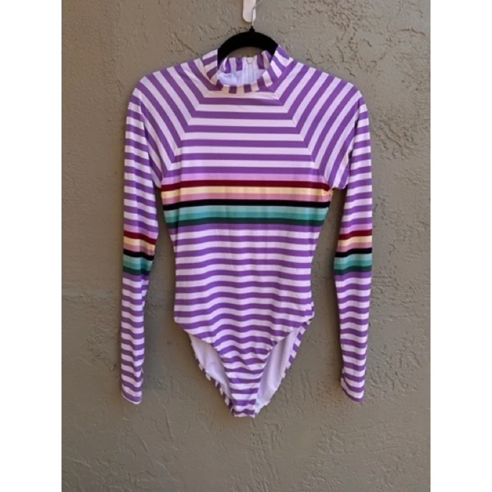 Bikini Lab NEW Purple Striped Long Sleeve One Piece Swimsuit Rash Guard MEDIUM